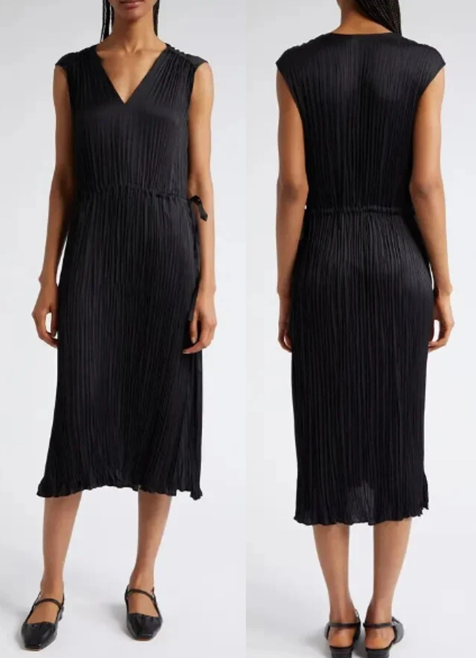 Vince Sleeveless Textured Pleated Drawstring Waist Midi Dress Black Womens XS